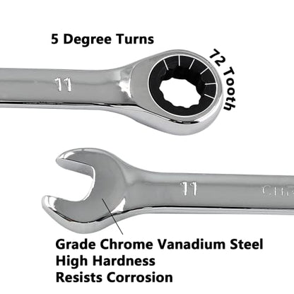 2 Pcs 11mm Ratchet Wrench Metric Ratcheting Wrench Set with 5° Movement and Hardened & 72 Teeth for Projects Metric Tight Spaces - size: 11 mm