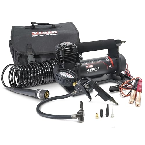 VIAIR 450P-A EF Enhanced Flow - 45144 Tire Inflator Portable Air Compressor for Truck & SUV | 100% Duty Cycle @ 100 PSI | 12V Tire Pump Air Compressor | 150 PSI, Any Tire Size (SAE, Alligator Clips) - color: Stealth Black, style: 450P Enhanced Flow