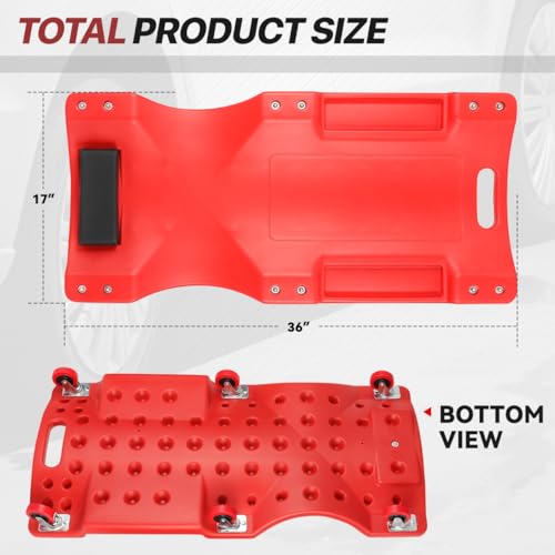 Mechanic Creeper 36 Inch, Low Profile Under Car Rolling Creeper with Padded Headrest and Tool Trays, 300 LBS Capacity, Ergonomic Body Design, Red