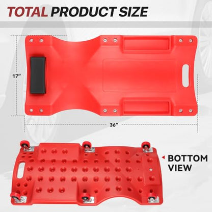 Mechanic Creeper 36 Inch, Low Profile Under Car Rolling Creeper with Padded Headrest and Tool Trays, 300 LBS Capacity, Ergonomic Body Design, Red