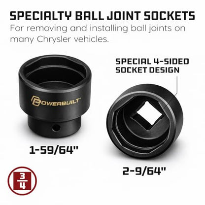 Powerbuilt 2 Piece Specialty Ball Joint Socket Set, Removes and Installs Chrysler Upper Ball Joints, 3/4" Drive 4-Sided Design with Storage Case - 648749