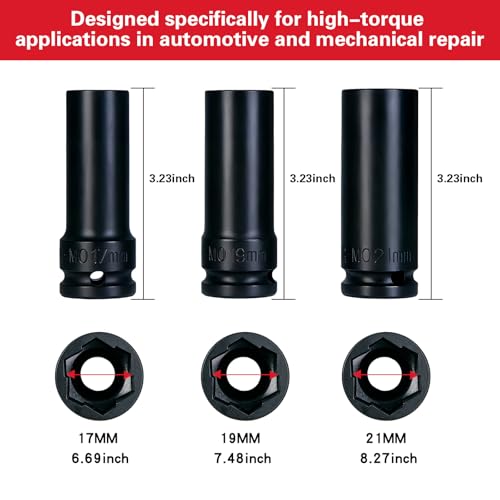 Impact Socket Set 1/2 Drive,Metric 17-19-21mm Hexagon Deep Socket Set. | CR-MO Steel Material,High Torque,Drive Impact Socket Set for Repair Mechanic Garage，The storage box contains 3 -Piece