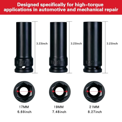 Impact Socket Set 1/2 Drive,Metric 17-19-21mm Hexagon Deep Socket Set. | CR-MO Steel Material,High Torque,Drive Impact Socket Set for Repair Mechanic Garage，The storage box contains 3 -Piece