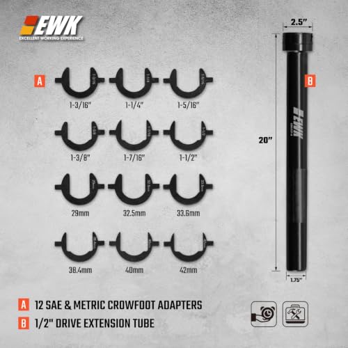 EWK Inner Tie Rod Tool Removal Kit with 20" Extension & 12 Crowfoot Adapters | SAE & Metric Sizes, Secure Lock Collar, No Rack & Pinion Removal Required for Professional Auto Repair Shops