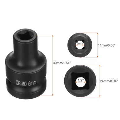HARFINGTON 2pcs 4 Point Square Socket 1/2" Drive 6mm Metric Square Impact Socket CR-MO Blackening Standard Wheel Sockets Pneumatic Socket Tool for Auto Repair Mechanical Maintenance Home Use - size: 6mm