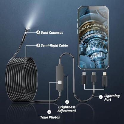 Endoscope Camera with Light,1920P HD Borescope with 8 Adjustable LED Lights, IP67 Waterproof 16.5FT Semi-Rigid Snake Camera, Snake Cord Inspection Camera for iPhone, iPad and Android Phone-5M