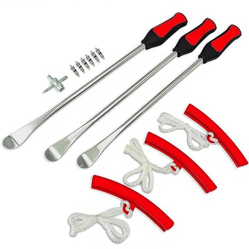 14.5” Steel Tire Spoons Tool Set - Tire Removal Tool, Motorcycle Tire Changer, Tire Changing Kit with 3 Piece Tire Spoons and Rim Protector, 6 Piece Valve Cores, Dirt Bike Tire Changing Kit