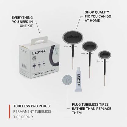 LEZYNE Tubeless Pro Plugs Bicycle Tire Repair Kit | 6-Plug Puncture Sealing System with Abrasive Scuffer Pads & Rubber Cement Adhesive, Bike Maintenance Set