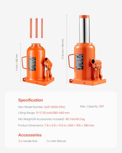 VEVOR Hydraulic Bottle Jack, 50 Ton/110231 lbs Welded Bottle Jack with 11''-17.32'' Lifting Range & 3-Section Long Handle, for Car, Pickup, Truck, RV, Auto Repair, Industrial Engineering - size: 50T