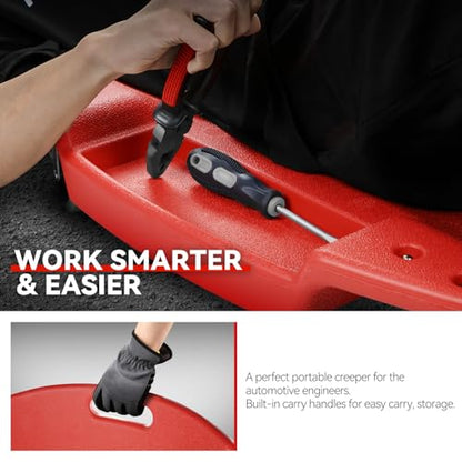 Auto Dynasty 47 Inches Mechanic Creeper, Automotive Garage Repair Low Profile Under Car Rolling Creeper with Padded Headrest, Plastic, Red - color: Red
