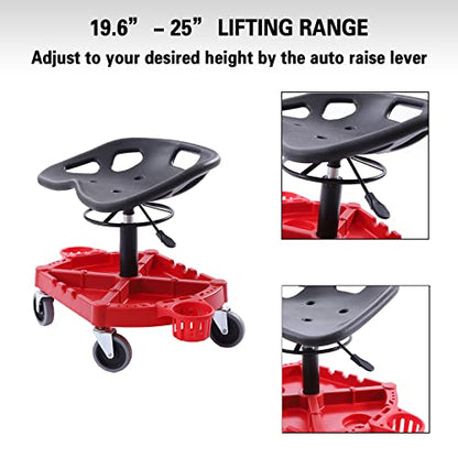 Shop Stool, 330 LBS Rolling Garage Stool, 19.6” to 25” Adjustable Height Mobile Rolling Gear Seat, Organized Tool Tray Garage Pneumatic Stool Mechanic Seat, 4" Casters with Two Brakes (B-9017)
