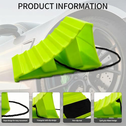 4 Pack Wheel Chocks, Heavy Duty Non Slip Wheel Chocks with Rope | Plastic Hard Wheel Stoppers Block for Camper Cars, RV Trailer, Trucks (Green) - color: Green