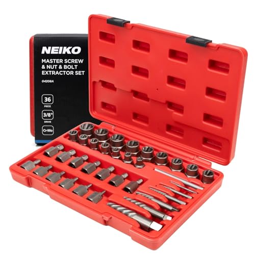 NEIKO 04208A Master Screw, Nut, & Bolt Extractor, 36 Piece Lug Nut Removal Tool, 3/8 Dr., Deep and Shallow Stripped Bolt Extractor Socket Set, Rounded Bolt Removal tool, Nut Remover Socket Set, CR-Mo - size: 36 Piece, style: Extractor Set