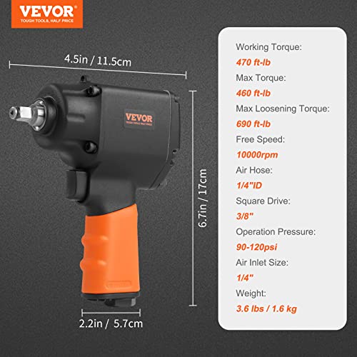 VEVOR Air Impact Wrench, 3/8-Inch Drive Air Impact Gun, Up to 690ft-lbs Nut-busting Torque, Lightweight Pneumatic Impact Wrench for Auto Repairs and Maintenance - size: 3/8-Inch/690 ft-lbs