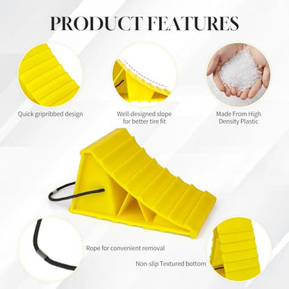 Wheel Chocks with Rope, Heavy Duty Non-Slip Tire Chocks for Trailer Camper Truck Car, Bright Yellow Lightweight Wheel Blocks Fit Tires Up to 26", 4 Pack - size: 4pcs