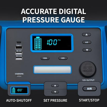2400A Car Battery Jump Starter and Portable Power Station – Starts 8.0L Gas & 8.0L Diesel – 6-in-1 Jump Starter with Air Compressor 100 PSI Tire Inflator – 400 Watt Inverter AC/DC/USB Outlets - style: Blue