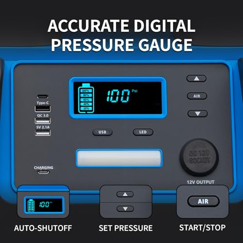 2400A Car Battery Jump Starter and Portable Power Station – Starts 8.0L Gas & 8.0L Diesel – 6-in-1 Jump Starter with Air Compressor 100 PSI Tire Inflator – 400 Watt Inverter AC/DC/USB Outlets - style: Blue