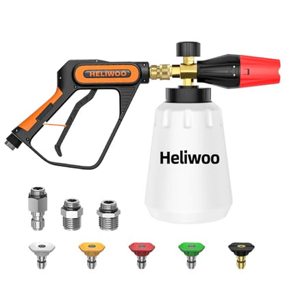 Short Pressure Washer Gun with Foam Cannon 5000 PSI, 1/4 Inch Quick Connector, with 5 Pressure Washer Nozzle Tips, 1 Liter - size: 3/8 quick connect