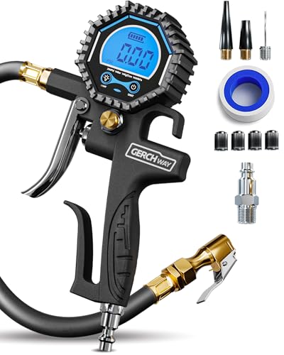 GERCHWAY Digital Tire Pressure Gauge with Inflator (3-200 PSI), Heavy Duty Air Chuck and Compressor Accessories with Swivel Air Chuck, Longer Hose, Large Display (0.1 Res)