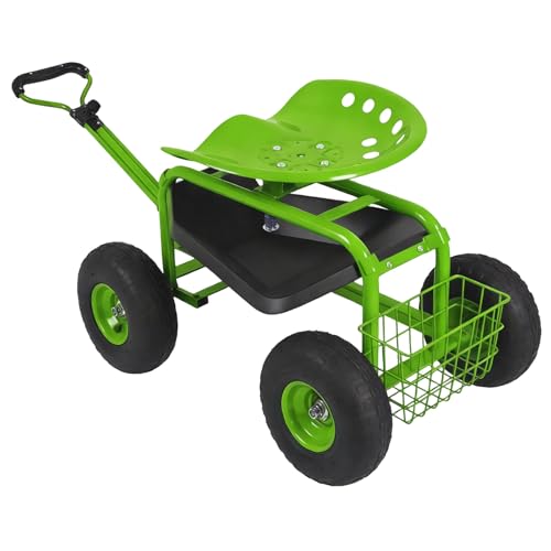 Kinfant Garden Cart Rolling Workseat – Gardening Stool with Wheels for Planting, Wagon Scooter with Steering Handle & Utility Tool Tray, 360° Swivel Seat, for Patio, Yard & Outdoors Lime Green - color: Lime Green