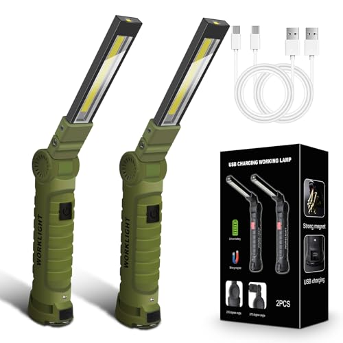 2Pack LED Work Light, USB Rechargeable COB Light with Magnetic Base 360°Rotate and 5 Modes, Folding Flashlight Inspection Light for Car Repairing, Workshop, Household and Emergency Use, Large - color: 2Pack Green
