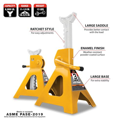 Performance Tool W1619 3 Ton Trolley Jack and Jack Stands: 6000 lb Capacity, 5.75-17.125-in Lift, 11.25-16.75-in Height Ratchet-Style Jack Stands, Swivel Casters and Steel Wheels, High-Viz Yellow