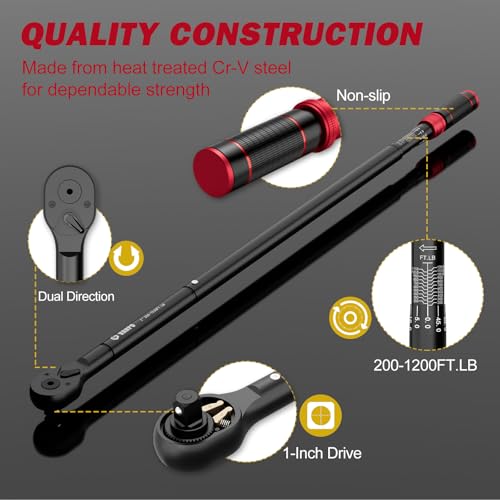 VANPO 1-inch Drive Click Torque Wrench, 200-1200 Ft-Lb,for Trucks | 271-1626 Nm, 48.03'' Length, 48-Tooth, Heavy-Duty Torque Wrench Set with a Hex Key & Industrial Machinery - size: 1-Inch(200-1200 Ft-Lb/271-1626 Nm)