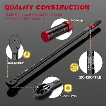 VANPO 1-inch Drive Click Torque Wrench, 200-1200 Ft-Lb,for Trucks | 271-1626 Nm, 48.03'' Length, 48-Tooth, Heavy-Duty Torque Wrench Set with a Hex Key & Industrial Machinery - size: 1-Inch(200-1200 Ft-Lb/271-1626 Nm)
