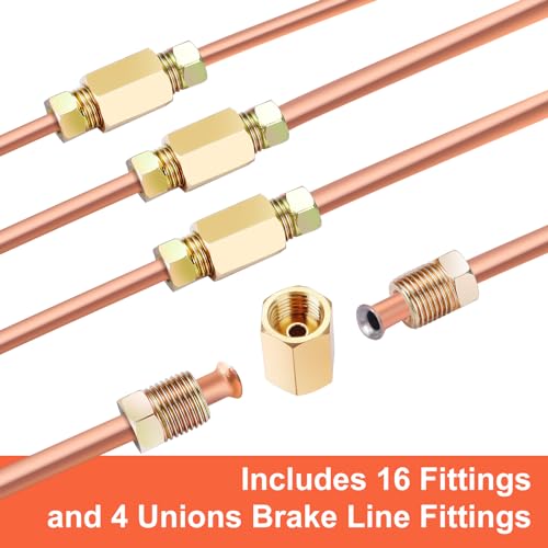 3/16" Brake Line - Easy to Bend Tubing - 25 ft 3/16 Copper Coated Brake Line + 16 x Brake Line Fittings and 4 x Threads Unions - size: 3/16 Brake Line