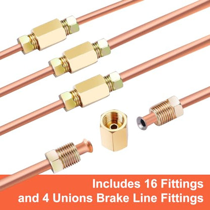 3/16" Brake Line - Easy to Bend Tubing - 25 ft 3/16 Copper Coated Brake Line + 16 x Brake Line Fittings and 4 x Threads Unions - size: 3/16 Brake Line