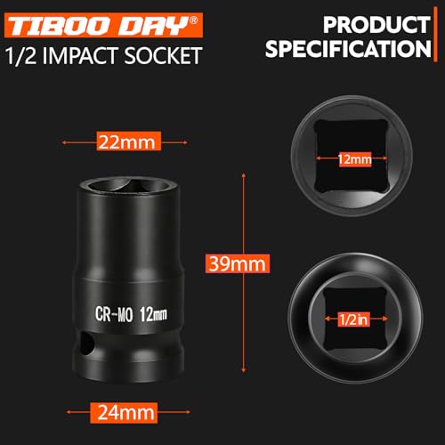 1/2" Drive 12mm Impact Socket Metric Standard Impact Socket Blackening Finish 4 Point Square Socket made with Chrome Molybdenum Alloy Steel for Auto Repair Mechanical Maintenance Removal of Axle Nut - size: 12mm - 4pt, style: 1/2" Drive Standard Socket
