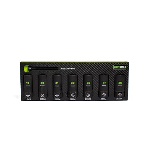 GRIPEDGE Tools | 7-PC – 1/2'' Drive Deep Metric RPT Socket Extractor Set | Sizes 19 – 25 MM | Removes Broken Studs, Stripped Bolts and Lug Nuts | Includes Premium EVA Foam Storage|