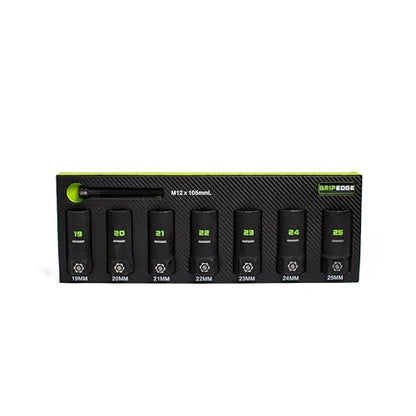 GRIPEDGE Tools | 7-PC – 1/2'' Drive Deep Metric RPT Socket Extractor Set | Sizes 19 – 25 MM | Removes Broken Studs, Stripped Bolts and Lug Nuts | Includes Premium EVA Foam Storage|