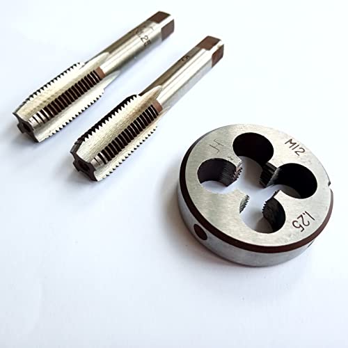 AtticZone M12 x 1.25 Metric Hand Thread Tap and Die Set, Right Hand 12 * 1.25, Alloy Tool Steel, 1 Taper Tap, 1 Plug Tap, 1 Round Die for Metal Working DIY Industrial - size: M12x1.25