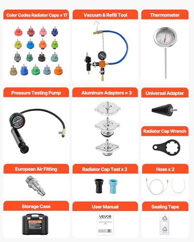 VEVOR Coolant Pressure Tester Kit, 31Pcs Radiator Vacuum Refill Kit with 3 Metal Adapters, Universal Fit, Automotive Cooling System Pressure Tester Tool, with Pressures Pump & Aluminum-Plastic Filler - size: 31Pcs