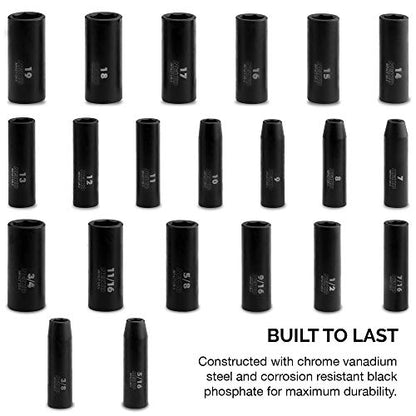 NEIKO 02431A 3/8” Drive SAE and Metric Deep Impact Socket Set | 21 Pieces | SAE 5/16” to 3/4” | Metric 7mm to 19mm | Premium Cr-V Steel | 6-Point Hex Design | Corrosion Resistant Coating