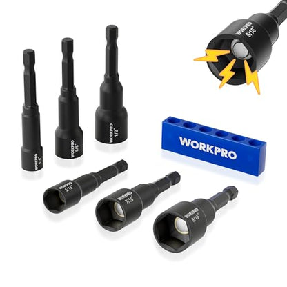 WORKPRO 6 PCS Magnetic Nut Driver Set, 1/4" Hex Shank, Drill Socket Set, Impact Driver Bit Set, 1/4” to 9/16”, Chrome Vanadium Steel, SAE - size: 6PCS Magnetic Nut Driver Set