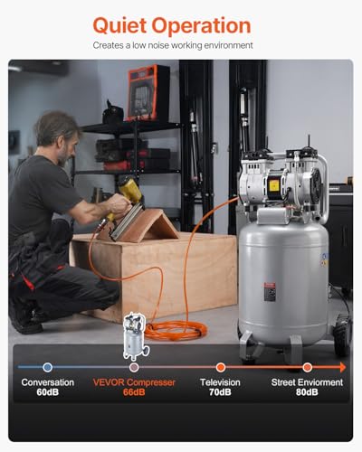 VEVOR 13-Gallon Air Compressor, 2HP, 4.6 SCFM@90PSI, Oil-Free Tank, 66dB Quiet Operation, Ideal for Tire Inflation, Woodworking, Auto Repairs, and Spray Painting (Maximum Pressure 125 PSI) - size: 17.5'' x 16.5'' x 33.3''