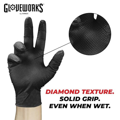 GLOVEWORKS HD Black Nitrile Industrial Disposable Gloves, 6 Mil, Latex-Free, Raised Diamond Texture, Large, Box of 100