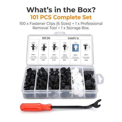 100 PCS Bumper Push Fasteners Rivet Clips, 6 Sizes Body Door Panel Retainer Clips, Expansion Screws Boxed with Removal Pliers, for Most Cars Repair Accessories (White)