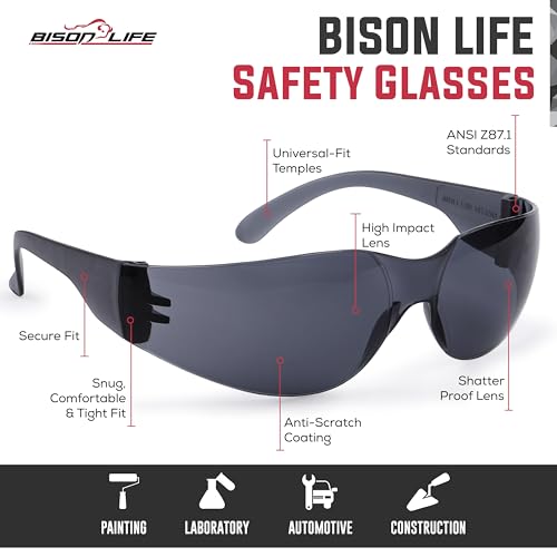 BISON LIFE Clear Safety Glasses – ANSI Z87.1 Certified Scratch & Impact Resistant Eye Protection Goggles for Men & Women - color: Black/Black