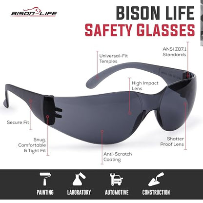 BISON LIFE Clear Safety Glasses – ANSI Z87.1 Certified Scratch & Impact Resistant Eye Protection Goggles for Men & Women - color: Black/Black