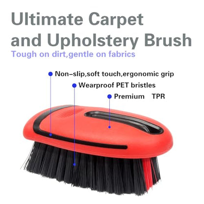 Carpet Cleaning Brush & Upholstery Brush Set, Hard Bristle Carpet Scrub Brush, Rug Brush, Couch Cleaner Brush, Fabric/Leather Detail Brush for Car, Home & Outdoor Furniture (Red) - color: Red