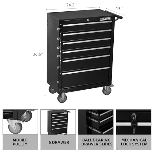 6-Drawer Rolling Tool Chest with Locking Wheels & Drawers, 13" D x 24.2" W x 36.6" H Mobile Tool Storage Cabinet, Heavy-Duty Garage Organizer with Ergonomic Handle - color: Black and White