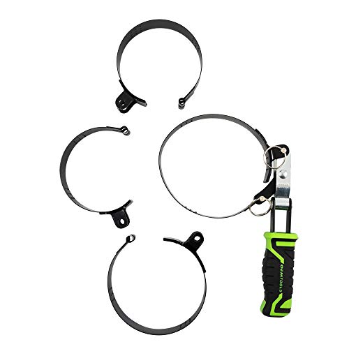 OEMTOOLS 87116 4-in-1 Swivel Oil Filter Wrench, Oil Filter Wrench Set Heavy Duty, Fits Filters Sized 2-3/8" to 4-3/8" in Diameter, Green and Black | 4-in-1 Oil Filter Removal Tool for Filters in Tight Spaces, Dimpled Steel Band, Padded TPR Handle - size: