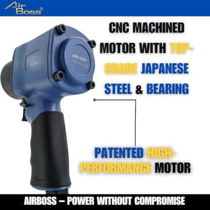 Airboss AW-141P 1/2" Air Impact Wrench, 1,620 ft-lbs Max Torque, Twin Hammer, Magnesium Alloy, High Torque 1/2 Impact Wrench for Lug Nuts, Tire Shop, Automotive Repair & General Fastening - size: extra torgue