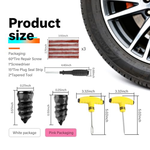 Flat Tire Repair Kit Heavy Duty,All-in-One Tire Plug Kit Includes 60PCS Screw,15PCS Tires Plugs Seal Strip,Screwdriver,Drill,Screw in Tires Plugs Car Emergency Kits for Puncture