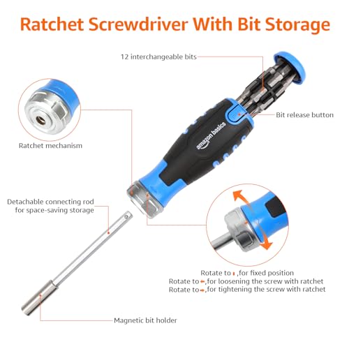 Amazon Basics 12-in-1 Ratcheting Magnetic Screwdriver Set with Bit Storage in Handle, Portable Repair Tool Kit, Security Torx, Phillips, Flat, Hex, Torx, Black, Blue, Silver