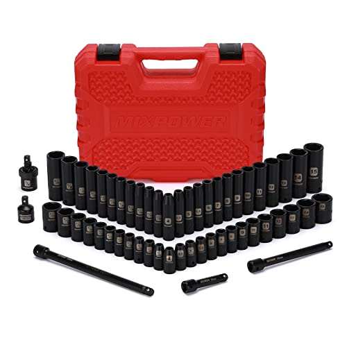 MIXPOWER 55 Pieces 1/4" Dr. Impact Socket Set, CR-V, 6 Point, SAE/Metric, 5/32 Inch - 9/16 Inch, 4mm - 15mm, Shallow/Deep, Including Adapter, Extension, Universal Joint - size: 1/4" With Accessories