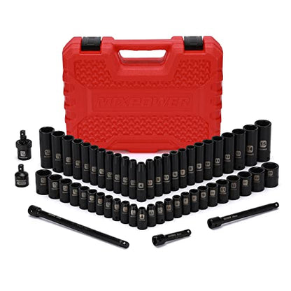 MIXPOWER 55 Pieces 1/4" Dr. Impact Socket Set, CR-V, 6 Point, SAE/Metric, 5/32 Inch - 9/16 Inch, 4mm - 15mm, Shallow/Deep, Including Adapter, Extension, Universal Joint - size: 1/4" With Accessories